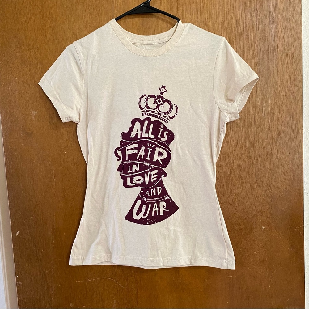Small, cream and maroon Bridgerton graphic tee - "All is fair in love and war"